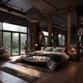 Cozy bedroom interior African style with ethnic wooden decor Royalty Free Stock Photo