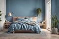 Cozy bedroom interior with blue walls. Scandinavian style bedroom. Trend color. 3d render Royalty Free Stock Photo