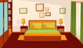 Cozy bedroom interior. Comfort room, flat cartoon living apartment with window. Sleep furniture, modern bed table mirror