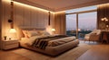 Cozy bedroom interior in a contemporary design. The room is in pastel brown with a large double bed