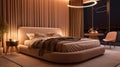 Cozy bedroom interior in a contemporary design. The room is in pastel brown with a large double bed