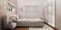 Cozy bedroom interior design. cozy sleeping place. 3D render Royalty Free Stock Photo