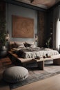 Cozy bedroom interior in Ethnic style with wooden bed and ethnbiuc decor Royalty Free Stock Photo