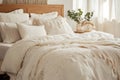 Cozy bedroom interior featuring a comfortable bed with soft white bedding and decorative pillows designed for ultimate Royalty Free Stock Photo