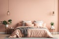 Cozy Bedroom Interior with Plush Peach Bedding and Lush Greenery Royalty Free Stock Photo