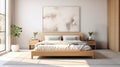 Cozy bedroom interior in Scandinavian style, large bed, beige bed linen, home decor. Sample