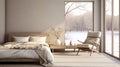 Cozy bedroom interior in Scandinavian style, large bed, beige bed linen, home decor. Sample