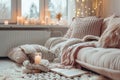 Cozy Bedroom Interior with Soft Knitted Blankets, Cushions, Lit Candles, Fairy Lights, and a Book by a Window on a Winter Evening