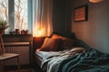 Cozy bedroom in a modern apartment, single bed, detailed, small room Royalty Free Stock Photo