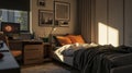 Cozy bedroom in a modern apartment, single bed, detailed, small room Royalty Free Stock Photo