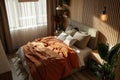 Cozy bedroom in a modern apartment, single bed, detailed, small room Royalty Free Stock Photo