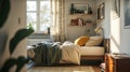 Cozy bedroom in a modern apartment, single bed, detailed, small room Royalty Free Stock Photo