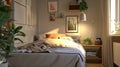 Cozy bedroom in a modern apartment, single bed, detailed, small room Royalty Free Stock Photo
