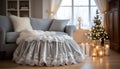 Cozy bedroom with modern decor, comfortable bed, and elegant lighting generated by AI Royalty Free Stock Photo