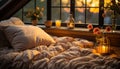 Cozy bedroom with modern decor, illuminated by electric lamp generated by AI Royalty Free Stock Photo