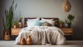 Cozy bedroom with modern design, comfortable bed, and elegant decor generated by AI Royalty Free Stock Photo