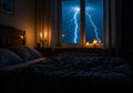 Cozy Bedroom Illuminated by Candles and a Dramatic Lightning Storm Royalty Free Stock Photo