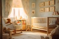 Bedroom nursery, bathed in soft golden light filtering through translucent curtains. AI Generated