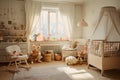 Bedroom nursery, bathed in soft golden light filtering through translucent curtains. AI Generated