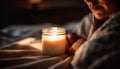 Cozy bedroom, one person resting, candle burning generated by AI