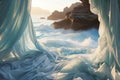 Cozy bedroom with rumpled white bedding and breathtaking ocean view through large window