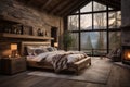 Cozy bedroom in rustic log cabin in the middle of the forest