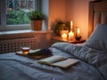 Evening Self-Care: Cozy Bedside Routine with Journal, Lavender, and Candles Royalty Free Stock Photo