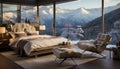 Cozy bedroom, snowy mountain view, luxury hotel, ultimate relaxation generated by AI Royalty Free Stock Photo