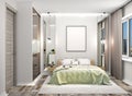 Cozy bedroom with a wardrobe with mirrored doors next to the bed. Blank canvas hung on the wall above the bed.