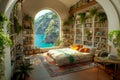 Cozy bedroom with a waterfront view, AI-generated. Royalty Free Stock Photo