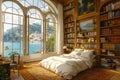 Cozy bedroom with a waterfront view, AI-generated. Royalty Free Stock Photo