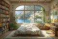 Cozy bedroom with a waterfront view, AI-generated. Royalty Free Stock Photo