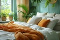 Cozy Bedroom with Well-Made Bed and Green Plants Royalty Free Stock Photo