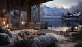 Cozy bedroom, winter landscape, tranquil scene, illuminated by sunset generated by AI