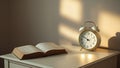 Cozy Bedside Table with Open Book and Classic Alarm Clock Royalty Free Stock Photo
