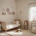 Cozy beige children room interior background,