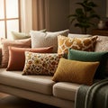 A cozy beige sofa is adorned with an assortment of decorative pillows featuring Royalty Free Stock Photo