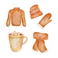 Cozy beige winter clothes set and cup of cocoa isolated on white background, hand drawn in watercolor