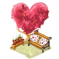 A cozy bench for dates and romantic meetings under the tree with a pink crown in the shape of a heart isolated on white