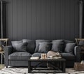 Cozy black farmhouse living room interior, wall mockup