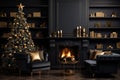 A cozy black minimal living room with a roaring fire in the fireplace, decorated with gold stockings, ornaments, and a beautifully