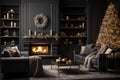 A cozy black minimal living room with a roaring fire in the fireplace, decorated with gold stockings, ornaments, and a beautifully