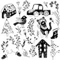 Cozy Black and white Christmas collection, Folk Tiger, bird, berries, Tree, Christmas Truck, Christmas Houses, tree