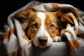 Cozy blanket cradles a brown and white dog in peaceful repose