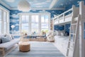 Cozy blue children's attic room with light blue walls. White wooden beds, cloud-patterned wallpaper, and blue Royalty Free Stock Photo