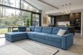 Cozy blue corner sofa in modern living room Royalty Free Stock Photo