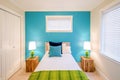 Cozy blue and green bedroom. Interior design.