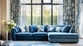 Cozy Blue Velvet Sectional Sofa In Bright Home Interior Royalty Free Stock Photo