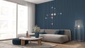 Cozy blue and wooden living room in modern apartment, velvet sofa with pouf and table with potted flowers, parquet, carpet, big Royalty Free Stock Photo