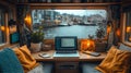 Cozy boat workspace with canal view Royalty Free Stock Photo